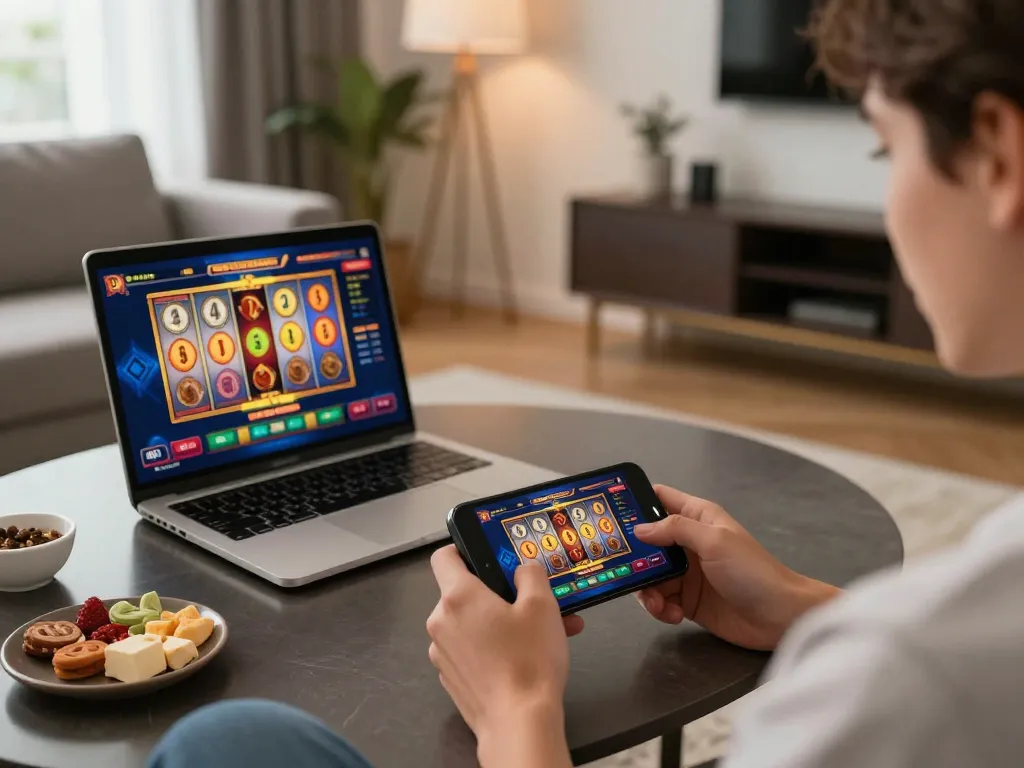 Player enjoying a thrilling online gambling experience with SC88 on a smartphone in a cozy living room.