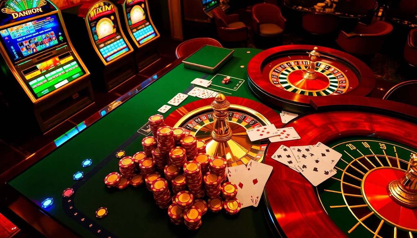 Experience Sunwin's thrilling atmosphere with luxurious gaming tables and vibrant slot machines.