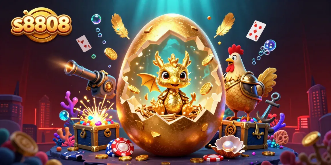 Engage with the dynamic s8808 scene of a golden dragon and poker chips amidst treasure and casino elements.