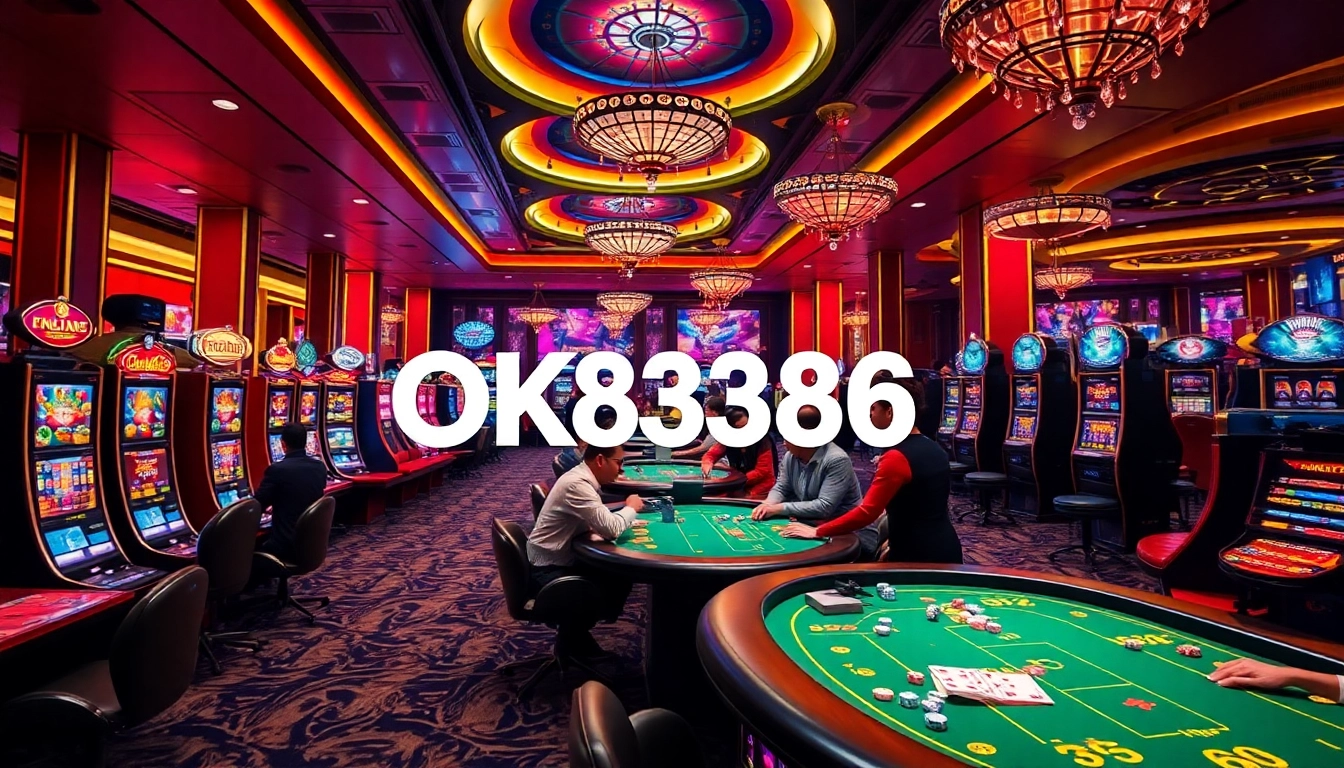 Players enjoying thrilling games at the luxury online casino OK8386, featuring vibrant tables and slot machines.