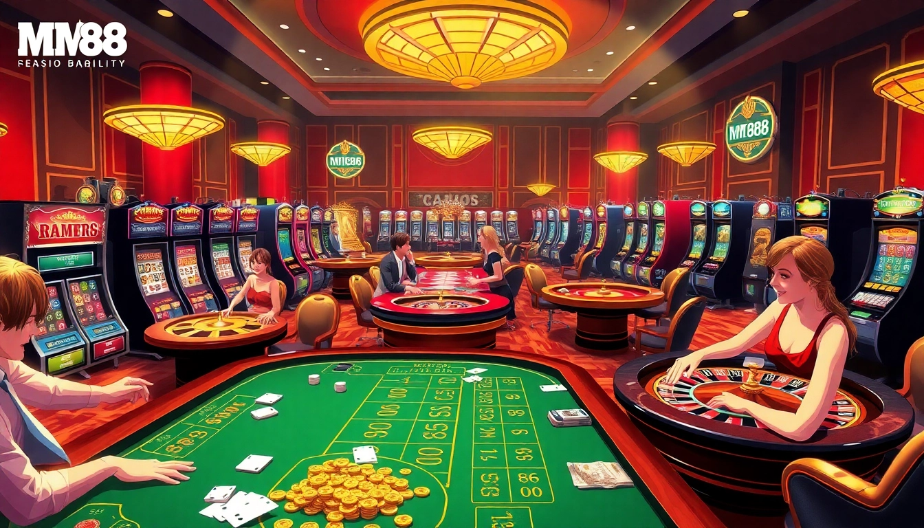 Players enjoying various casino games at MM88, showcasing excitement and luxury in online gambling.