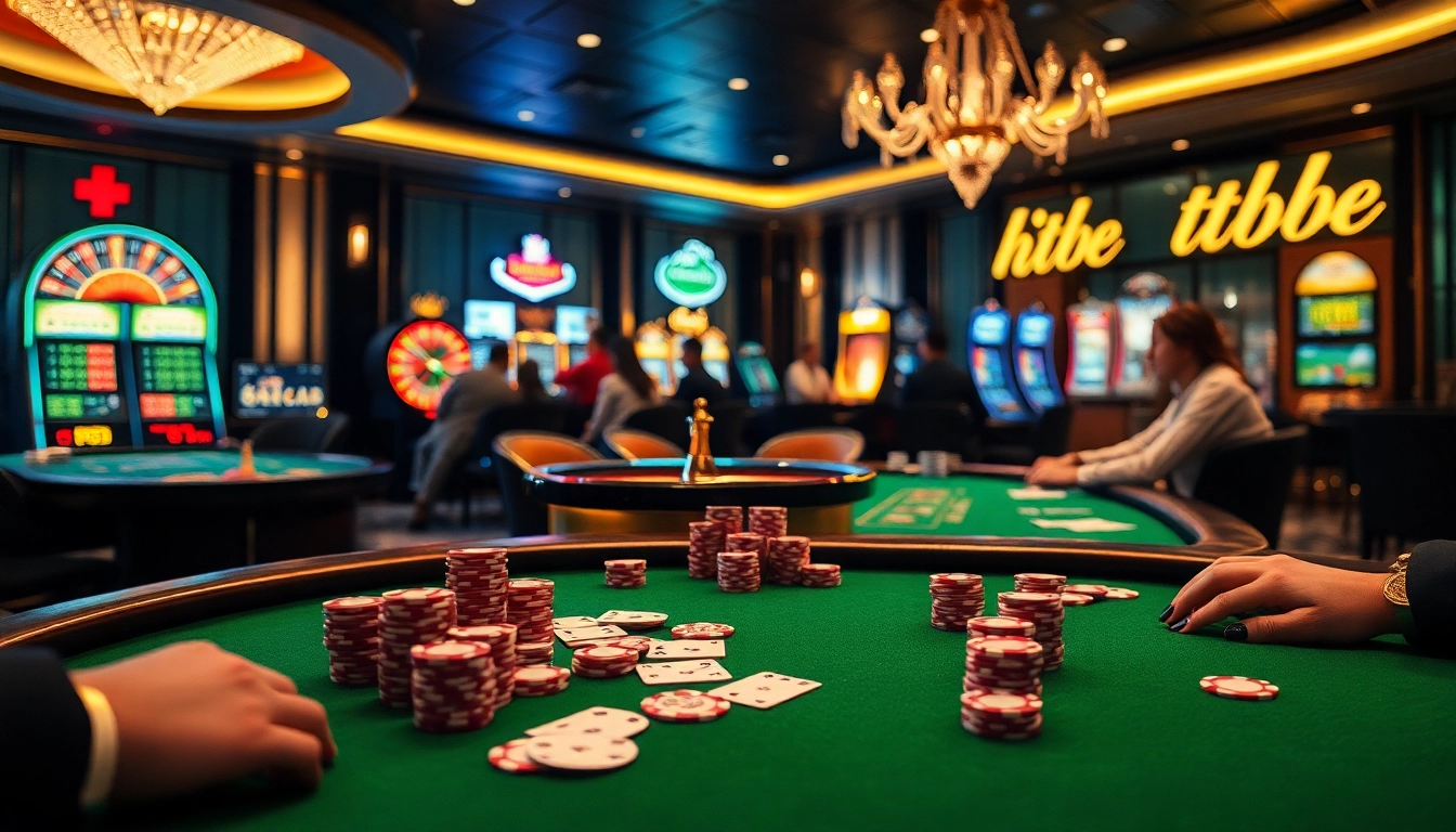 Players enjoying high-stakes action at the hit club poker table in a luxurious casino setting.