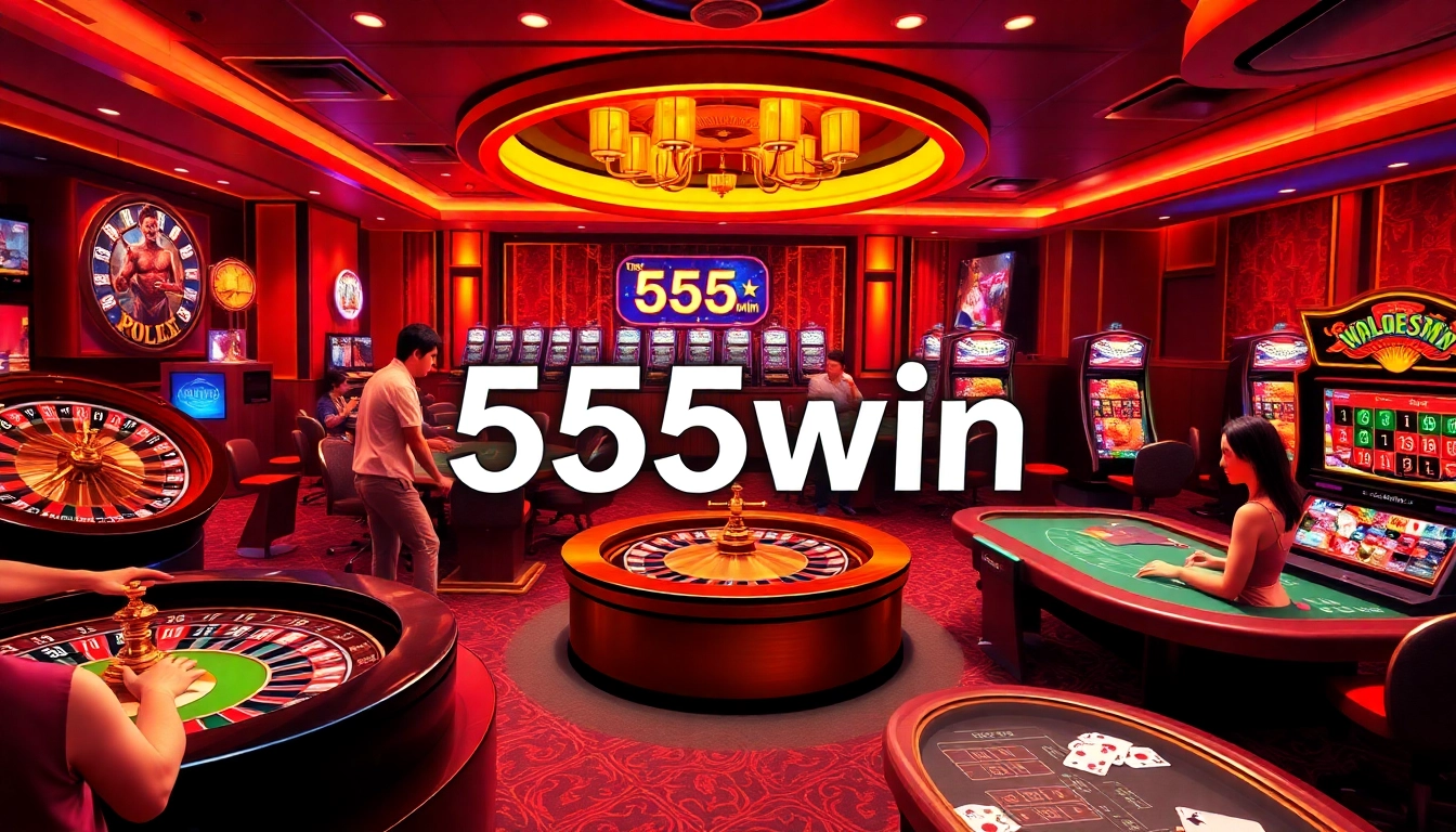 Excited players celebrating wins at 555win casino tables with vibrant roulette wheel and dynamic slot machines.