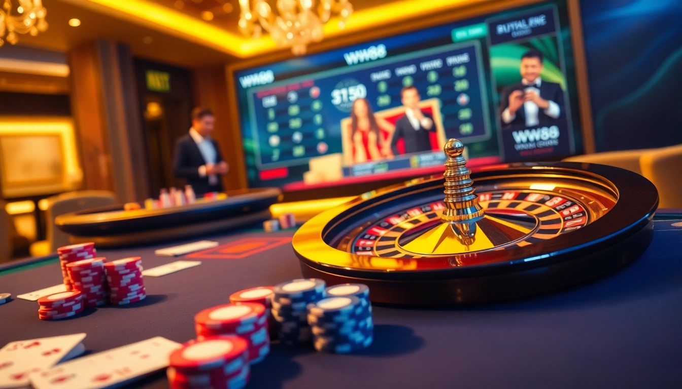 Experience the excitement of ww88 with a luxurious online casino setting featuring vibrant games and professional ambiance.
