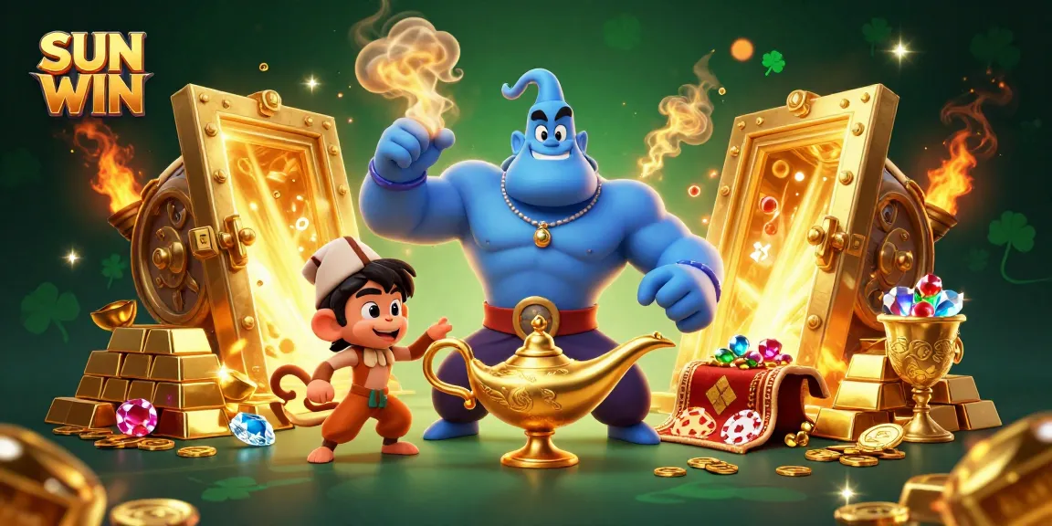 Engage in exciting gameplay with SUN WIN’s magical atmosphere featuring a giant genie and poker chips.