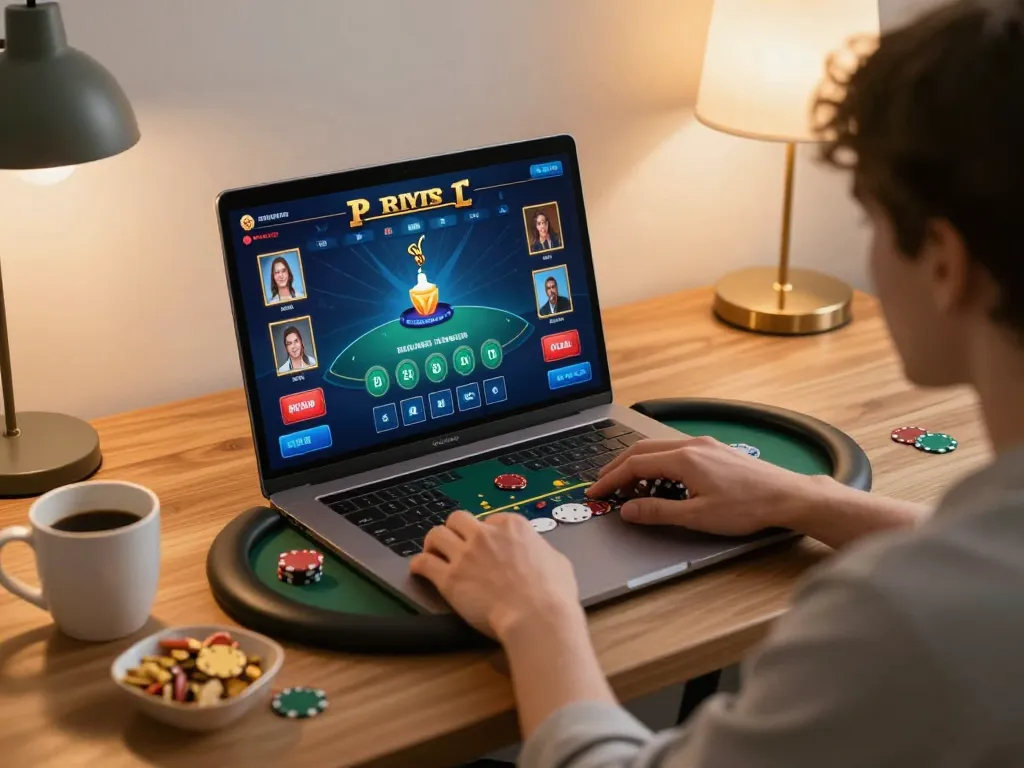 Engaging online gaming scene with sin88it on a laptop, showcasing poker gameplay in a cozy home setting