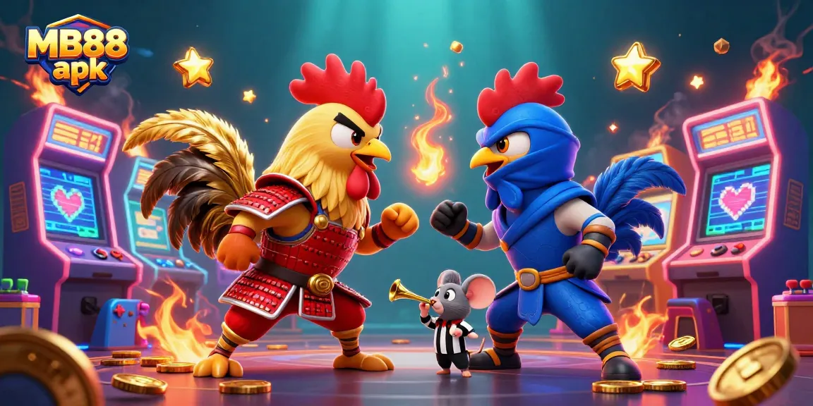 Bet on exciting games like MB88 apk with fighting roosters in vibrant casino action.