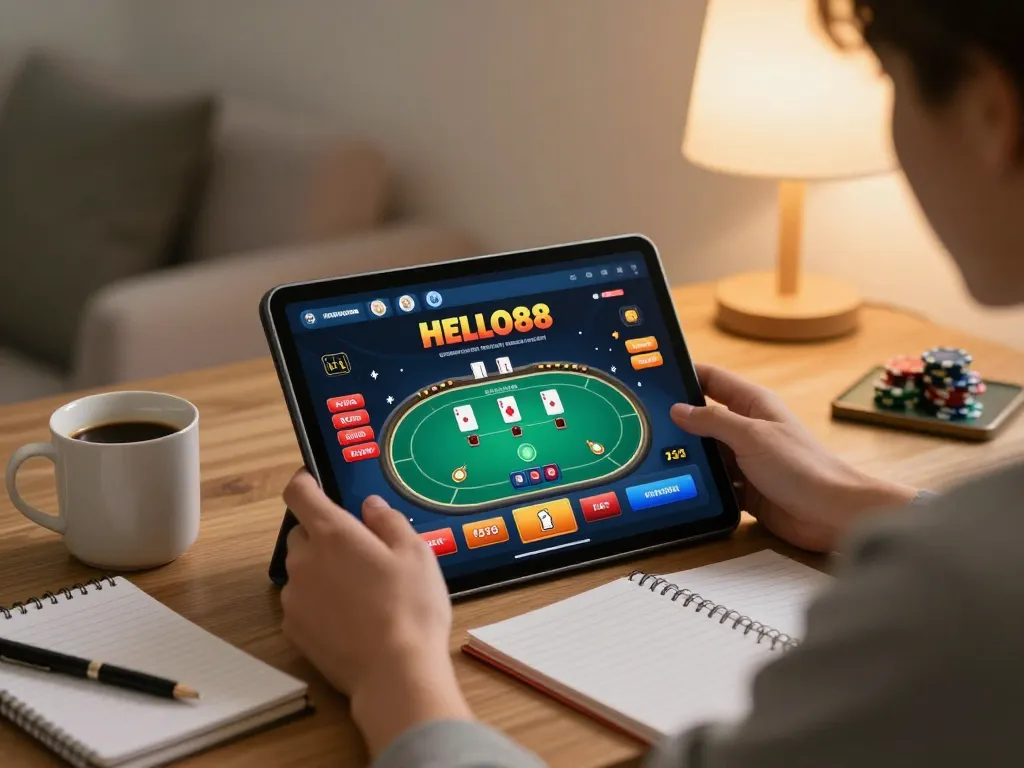 Player engaging with the HELLO88 online casino app on a tablet in a cozy home environment.