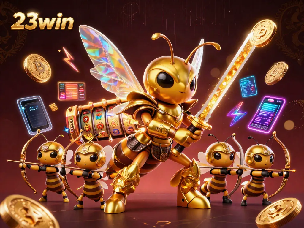 Experience thrilling gameplay at 23win with immersive gaming elements highlighting dynamic slot reels and crypto coins.