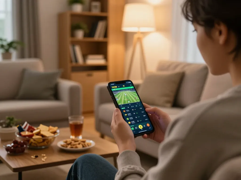 Engaging home setup for UU88 sports betting on smartphone with live odds display.