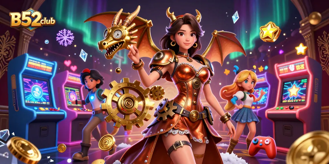 B52club gaming illustration with steampunk woman, dragon, and vibrant casino elements