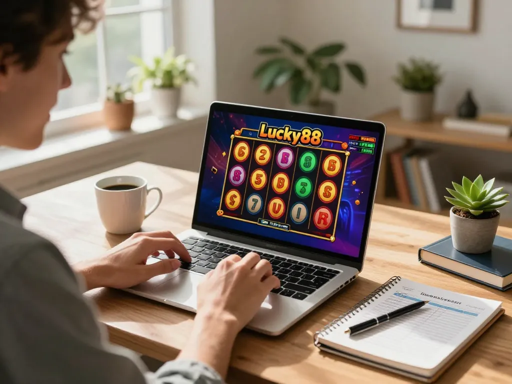 Player enjoying the Lucky88 slot game on a laptop, highlighting excitement and responsible gaming.