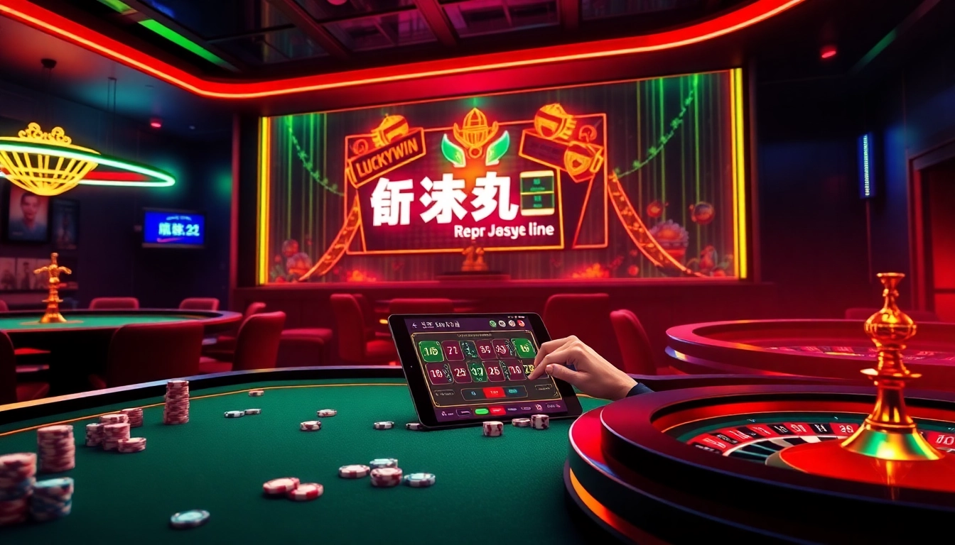 Engaging in Luckywin tài xỉu with vibrant casino elements showcasing excitement and luxury.