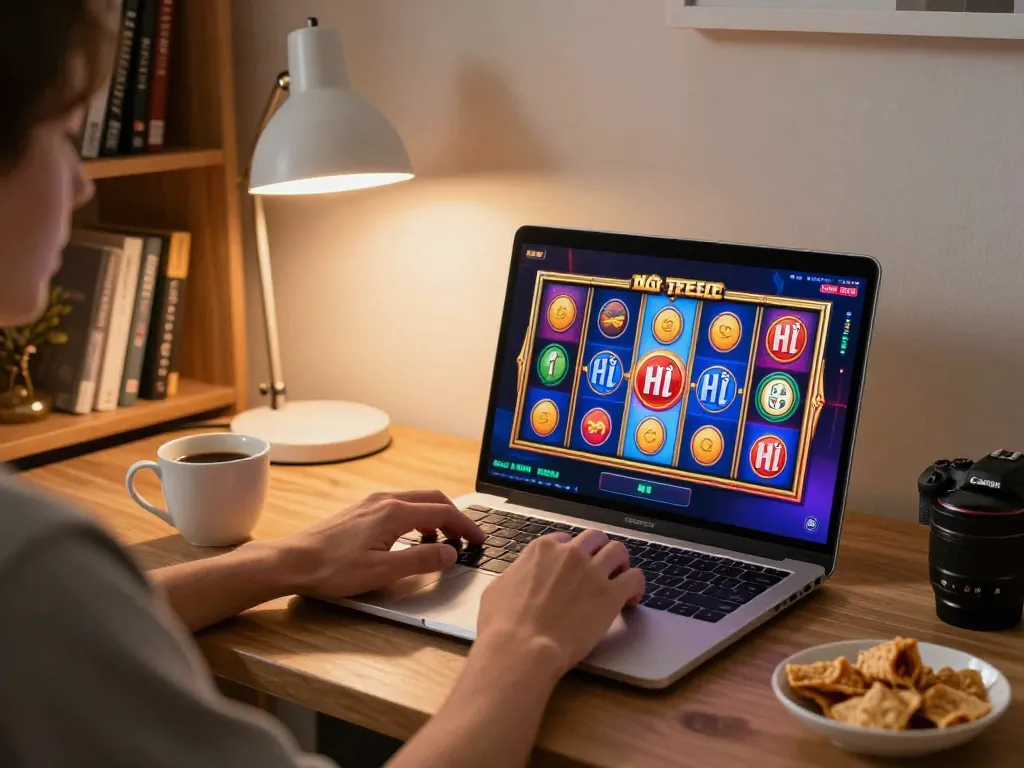 Engaging in nổ hũ slots online with a vibrant display on laptop, creating a cozy gaming atmosphere