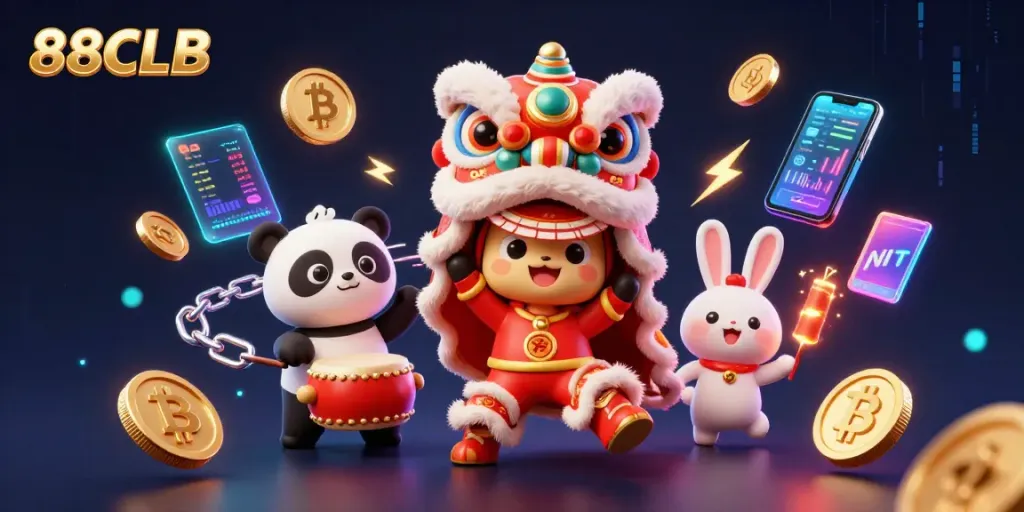 Experience gaming excitement at 88CLB with a vibrant lion dance and dazzling cryptocurrency elements.