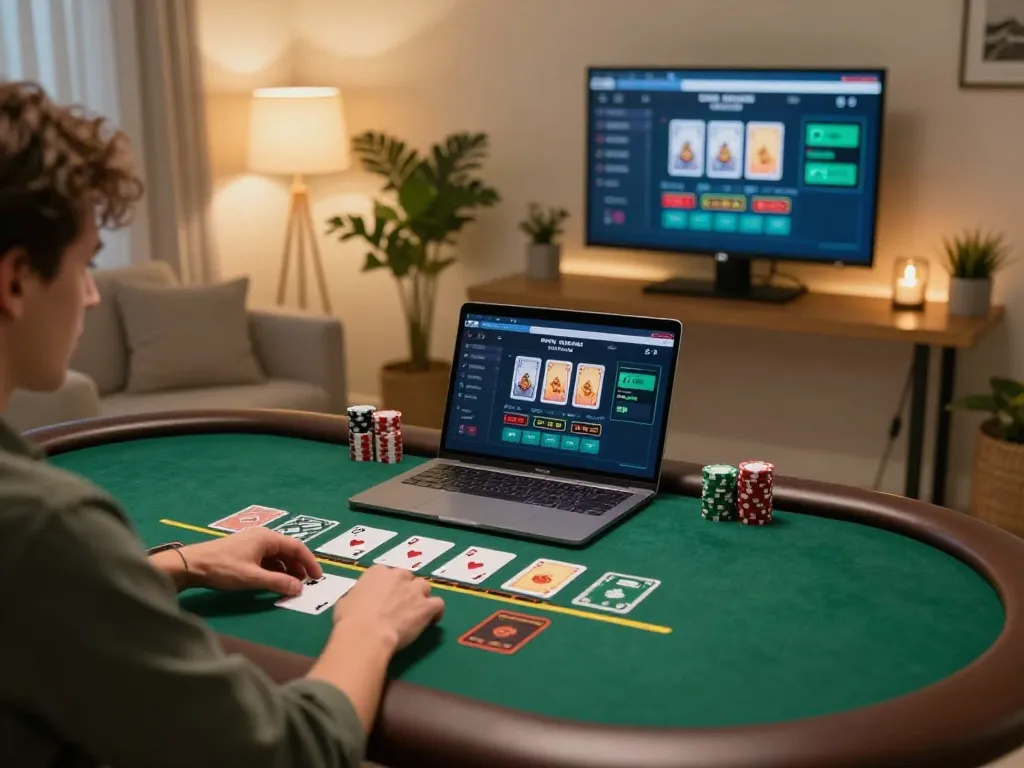 SC88 player enjoying blackjack on a laptop in a cozy home office.