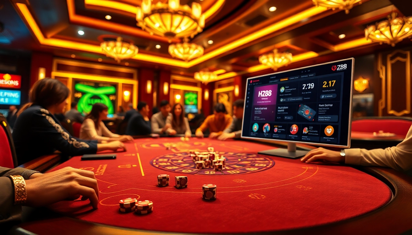 Exciting gambling table at HZ88 featuring vibrant poker chips and dice for high-stakes play