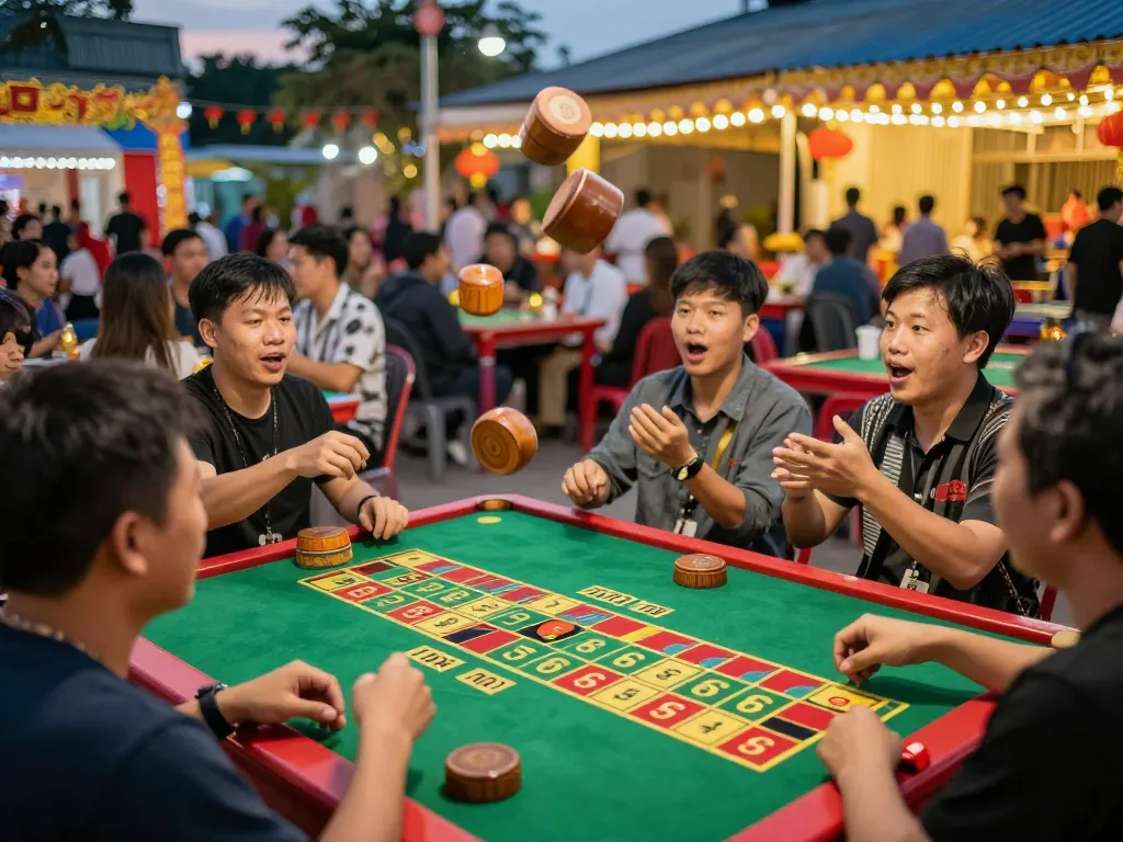 Xóc đĩa game in a lively festival setting with players betting around colorful tables.