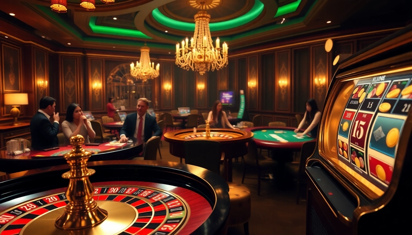 The scene depicts players enjoying a luxurious gambling experience at https://zk88.club/, highlighting vibrant tables with roulette wheels and poker chips.