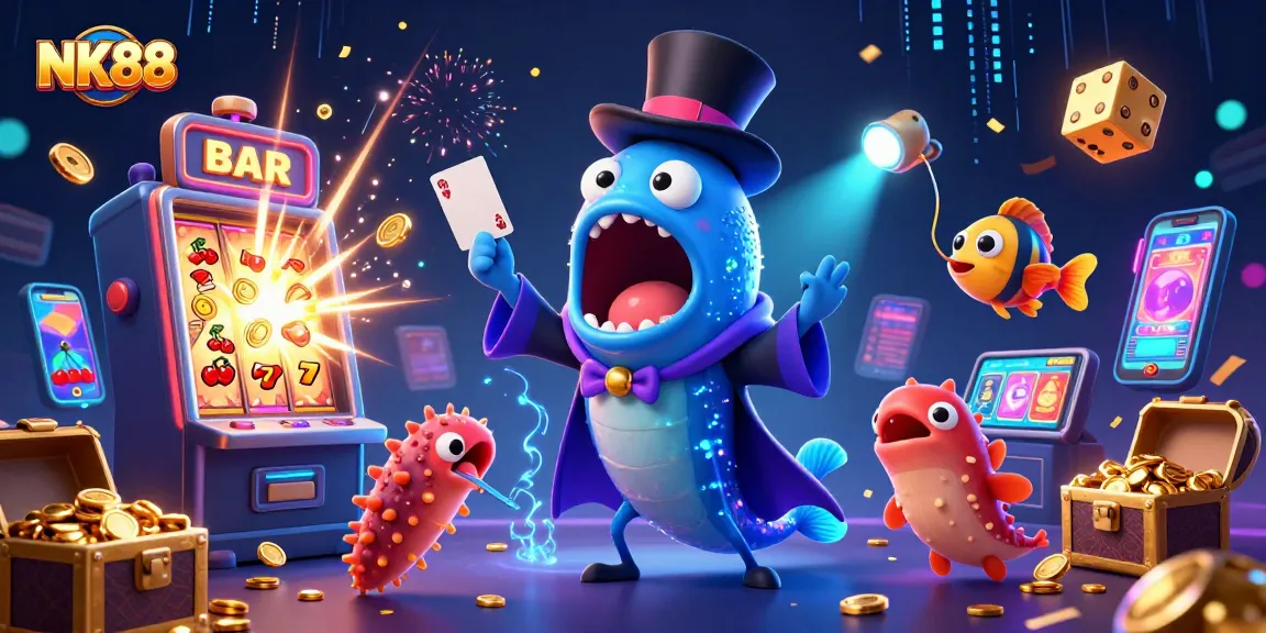 Experience exciting gameplay at NK88 with unique sea creatures performing magic tricks amid casino elements.