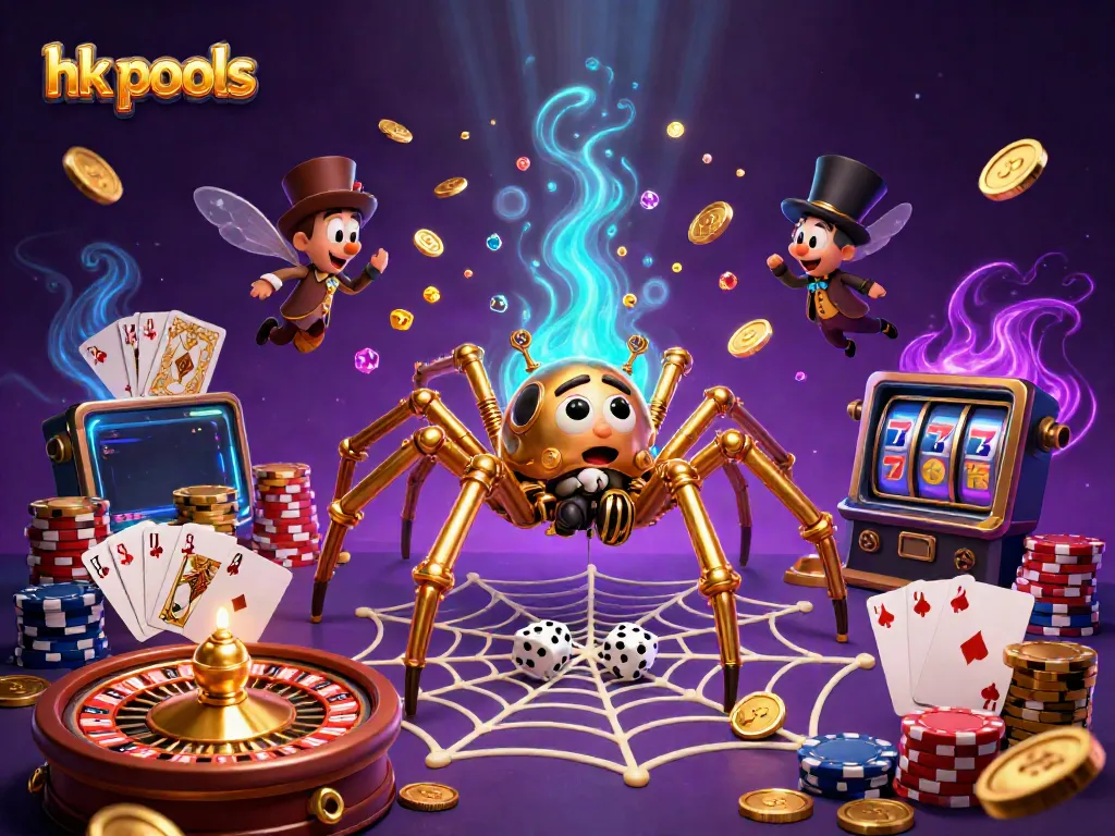 Experience the thrilling hk pools game with a vibrant 3D scene filled with casino elements and a whimsical steampunk spider.