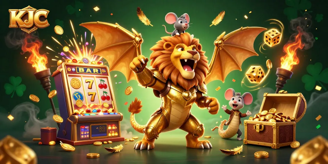 KJC players celebrate a jackpot win surrounded by vibrant casino games and golden treasures