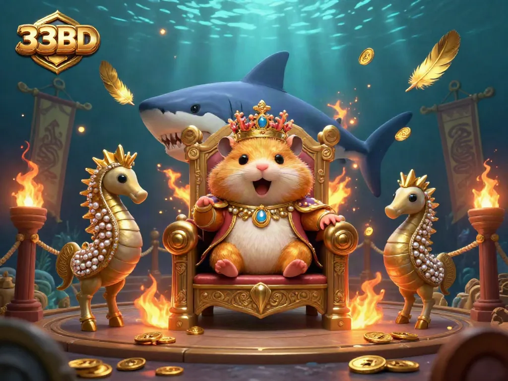 Engage with the vibrant underwater scene of 33BD's casino theme, featuring a golden hamster king surrounded by treasures.