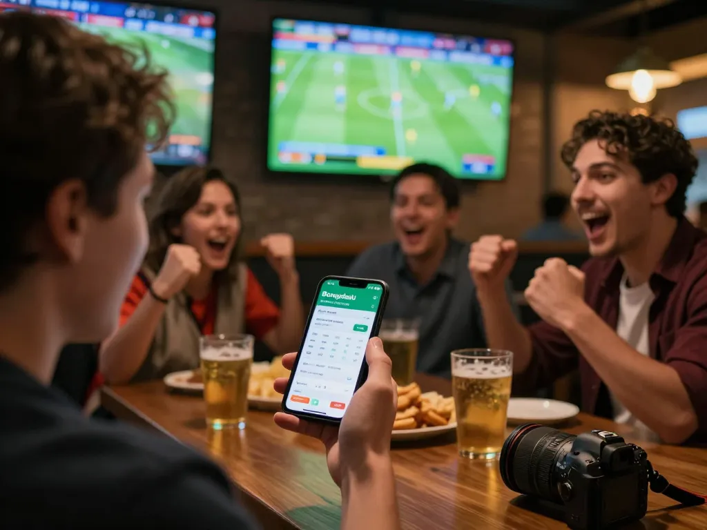 Bongdalu betting action in a lively sports bar with friends enjoying football matches.