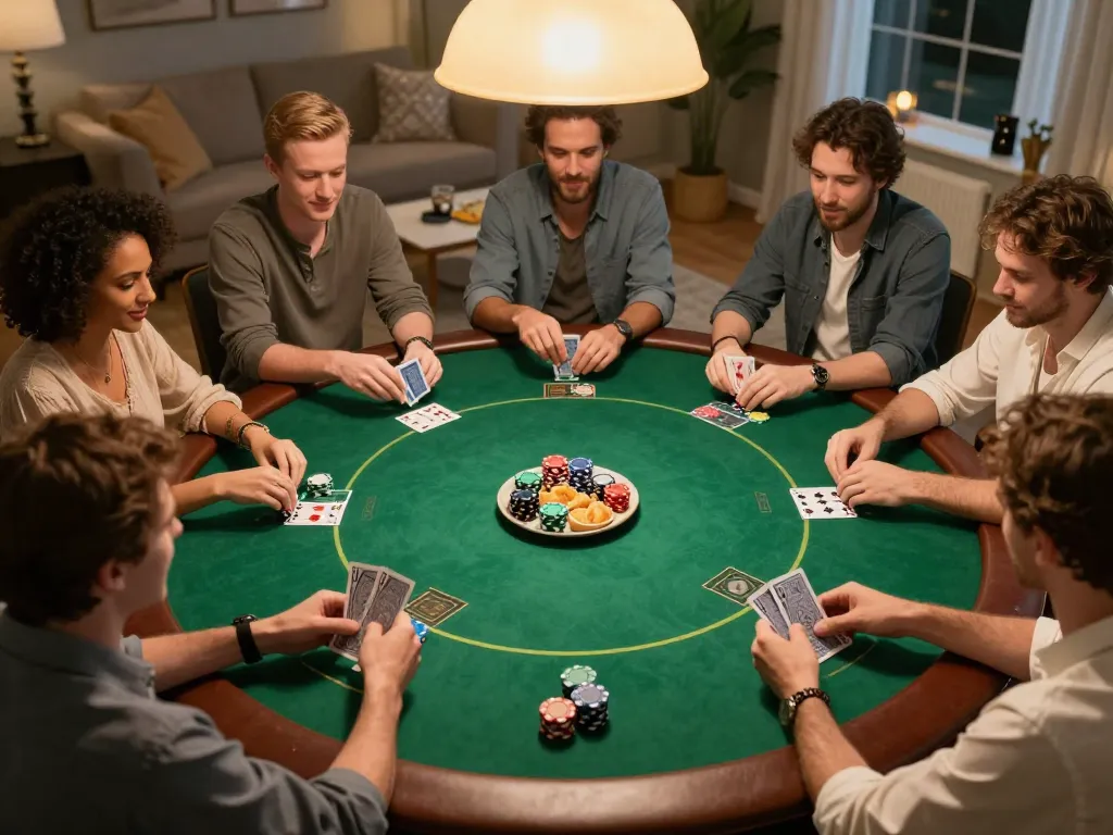 Players engaging in a thrilling poker game at home, showcasing strategic gameplay with excitement at https://n188.build/.