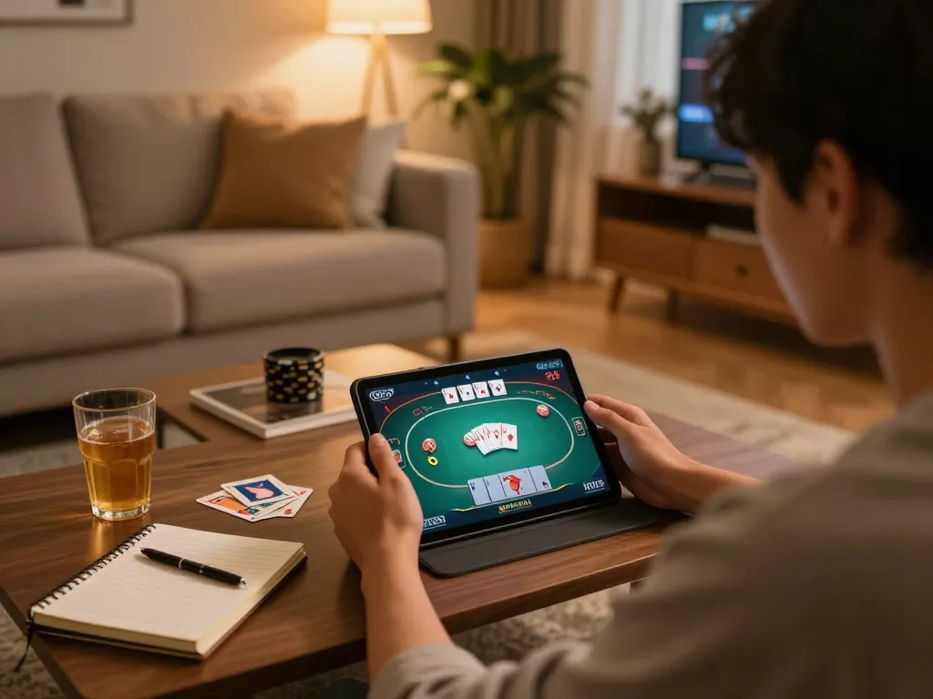 Bắn cá đổi thưởng gameplay on tablet in a cozy home setting, highlighting strategic online gambling.