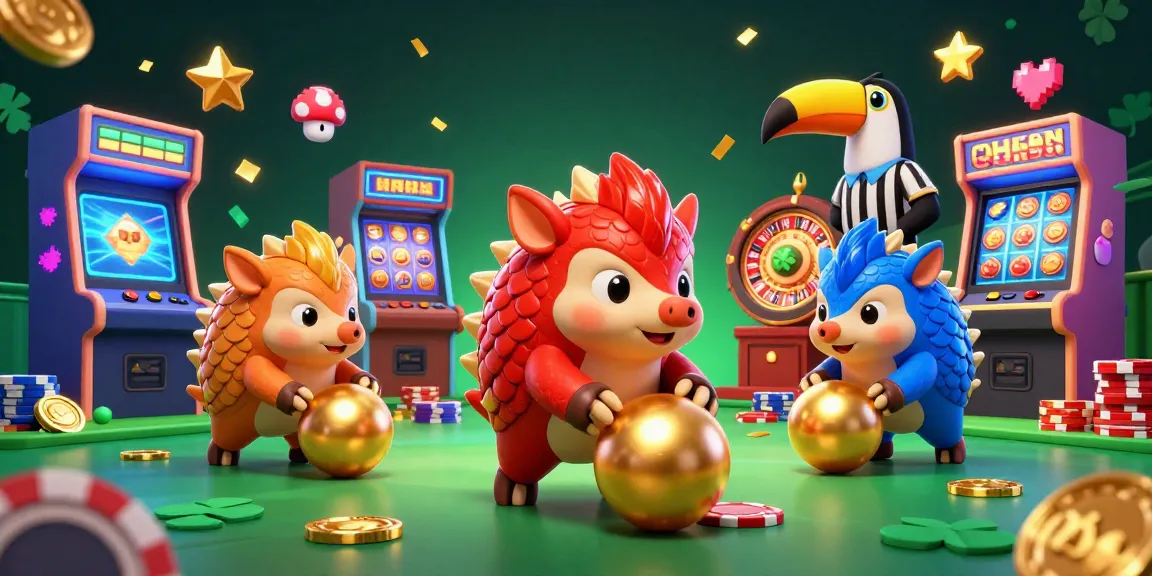 KJC gaming scene with rival pangolins rolling poker chips and slot machines in the background.