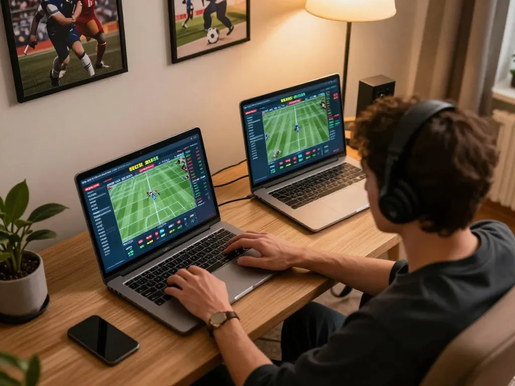 Engaged betting on vsbet app with live sports streaming in modern home office