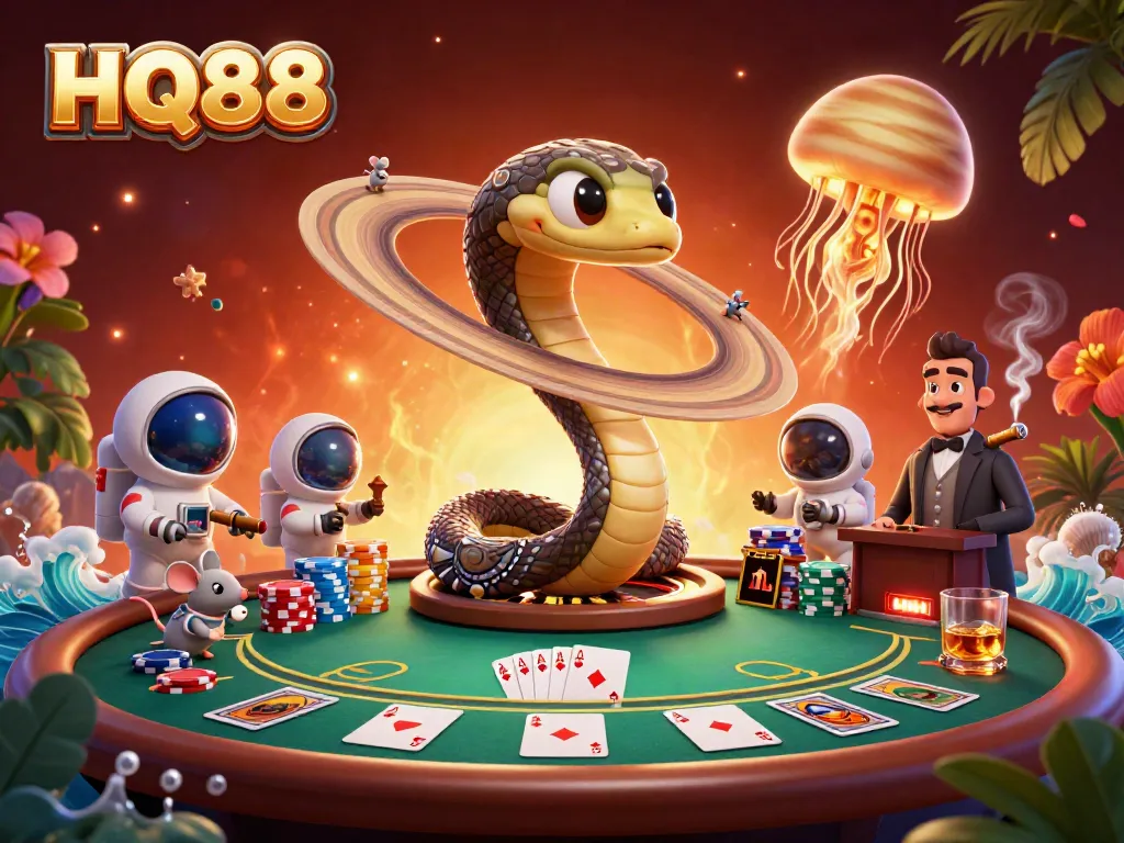 HQ88 casino adventure with astronaut mice betting on a roulette-style Saturn, cosmic dealer jellyfish, and engaging gambling elements.