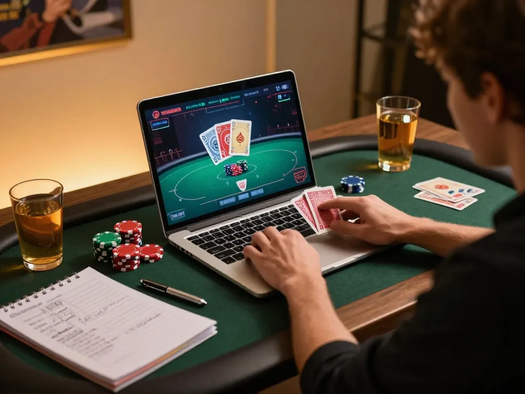Player engaging in poker on LV88 online casino, showcasing strategy and excitement in a modern workspace