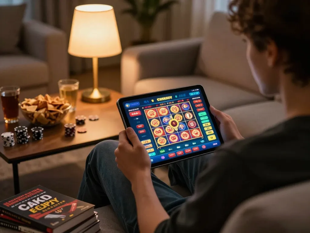 Win68 user engaging in online gaming with strategic insights, showcasing a cozy home setup.