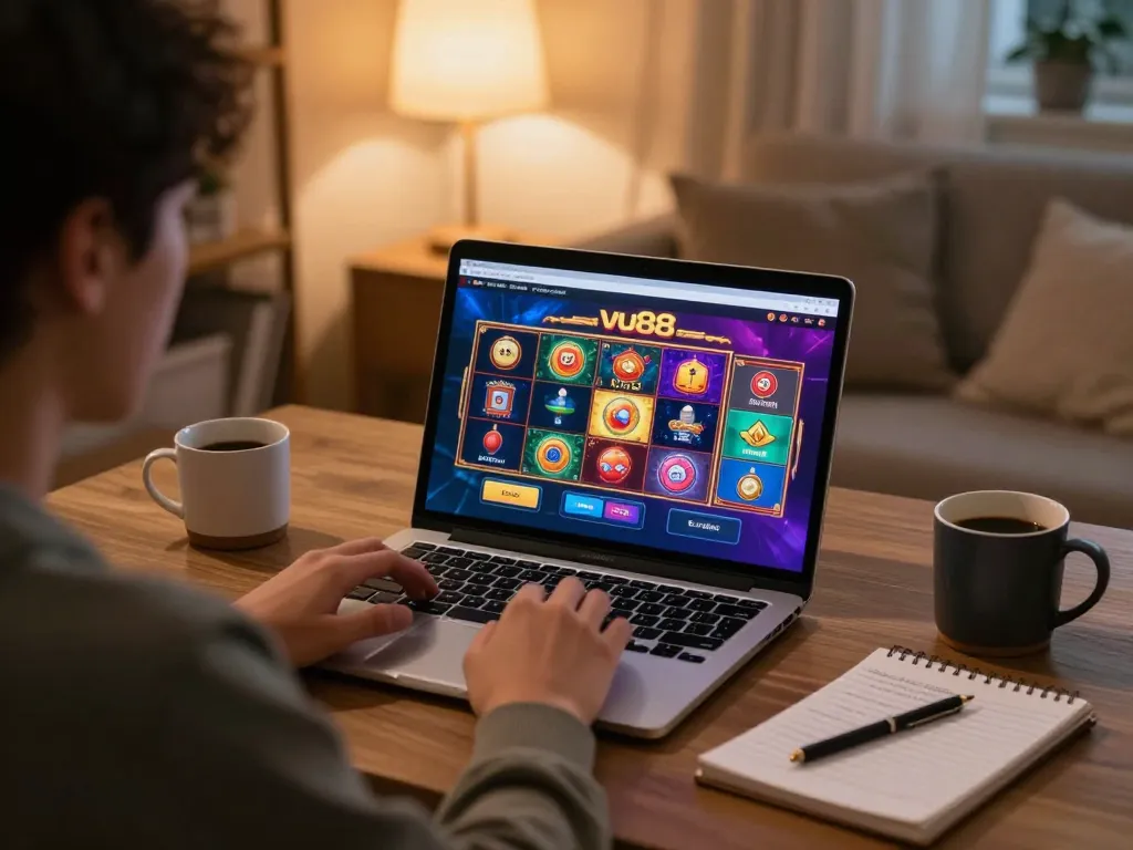 Engaging user with vu88 casino interface on laptop in a cozy home gaming setup, highlighting online gambling experience.