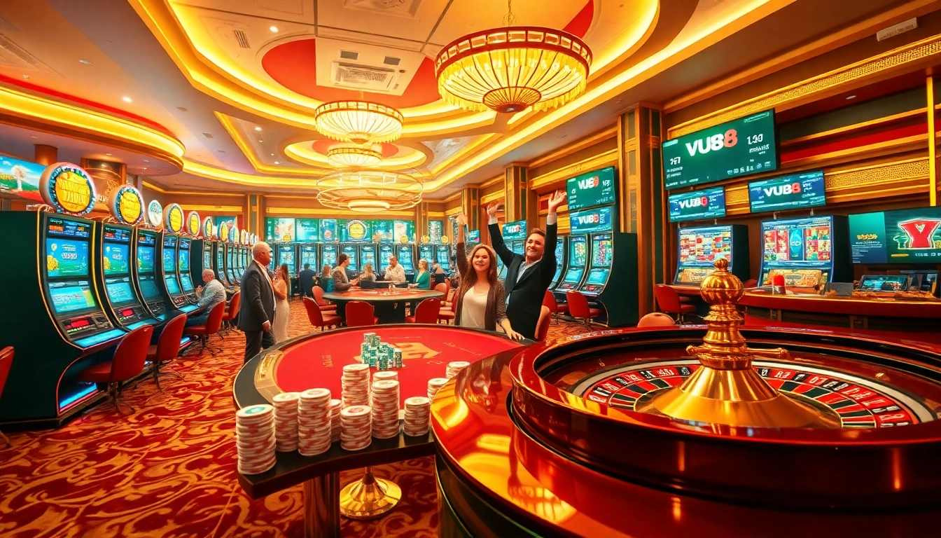 Exciting VU88 casino scene with vibrant slot machines, poker tables, and roulette wheel.