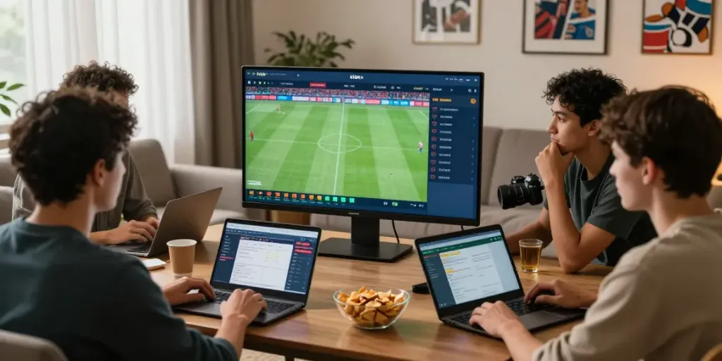 Friends enjoying online betting on 11bet in a cozy living room.