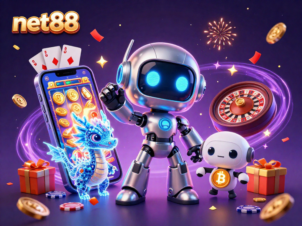Experience thrilling gaming action at net88 with a vibrant 3D casino illustration showcasing characters and game elements.
