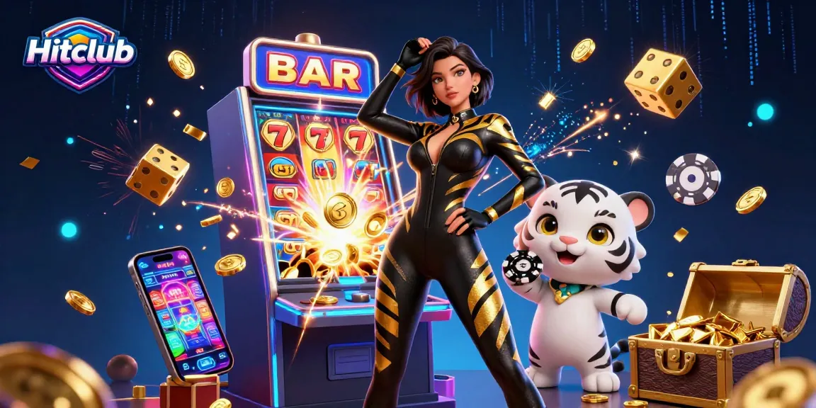 Experience Hitclub's vibrant gaming atmosphere with a stunning cat-suited figure and casino elements.
