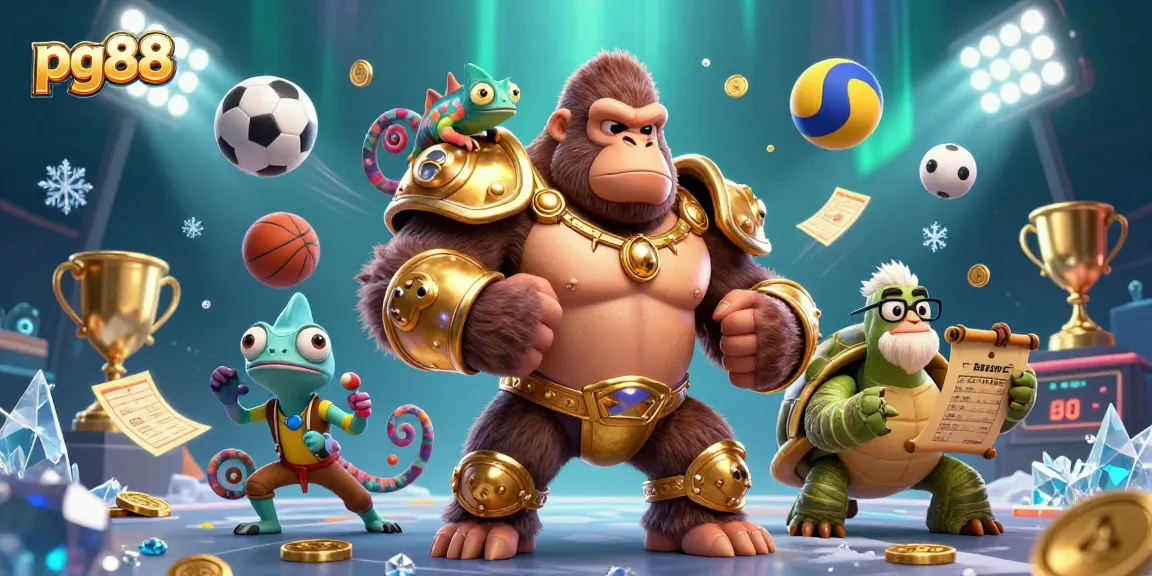 Engaging 3D illustration depicting pg88 characters in a vibrant casino scene with sports elements and gold coins.