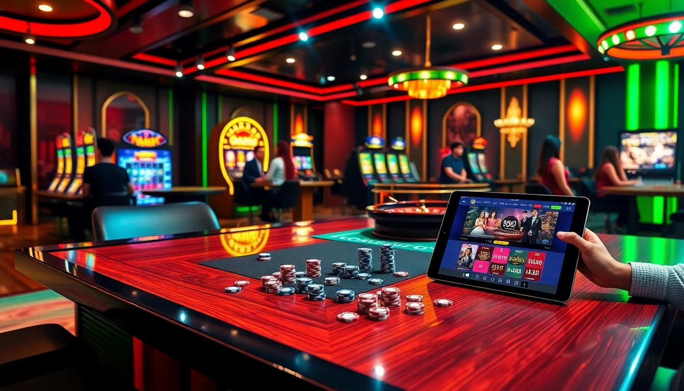 The excitement of gambling on https://luck88.games/ with players at a luxurious casino table amidst vibrant slot machines.