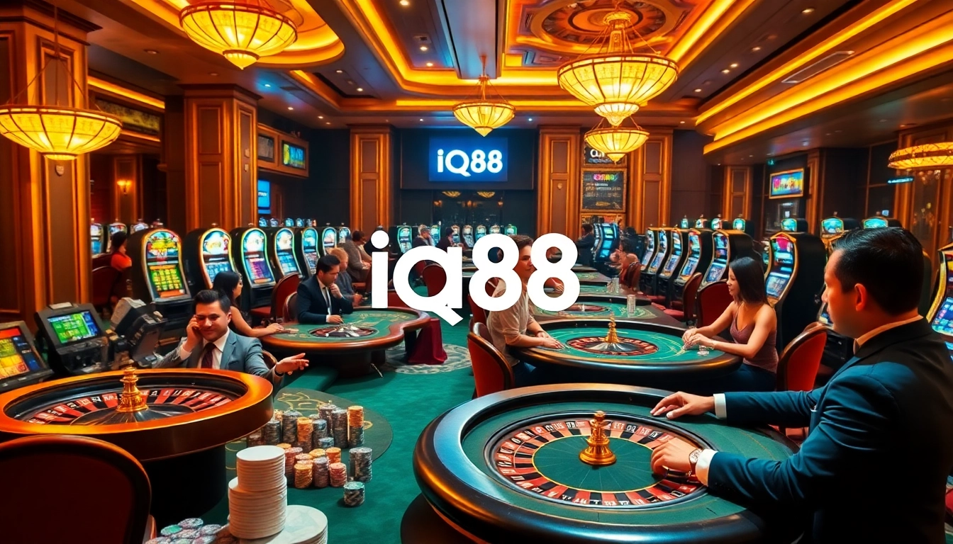 Experience exciting gaming at IQ88 casino with vibrant tables and slot machines in a luxurious atmosphere.