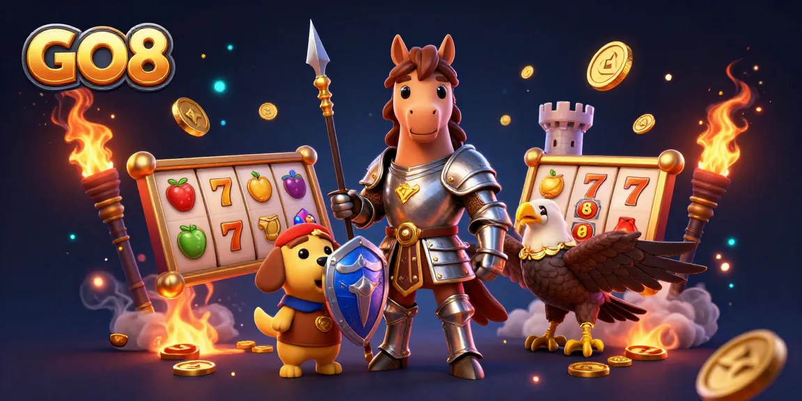 Experience thrilling wins at GO8 with this dynamic slot gaming illustration featuring lively characters and elements.