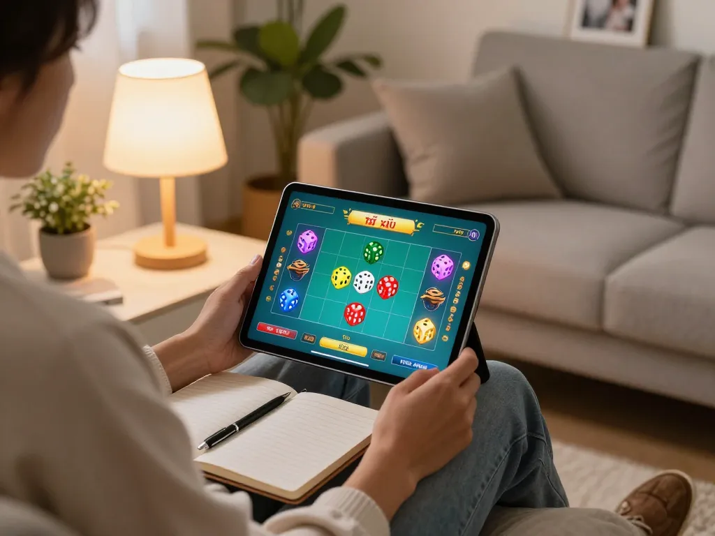 Engaging in tài xỉu online gaming on a tablet in a cozy home setting with strategic notes