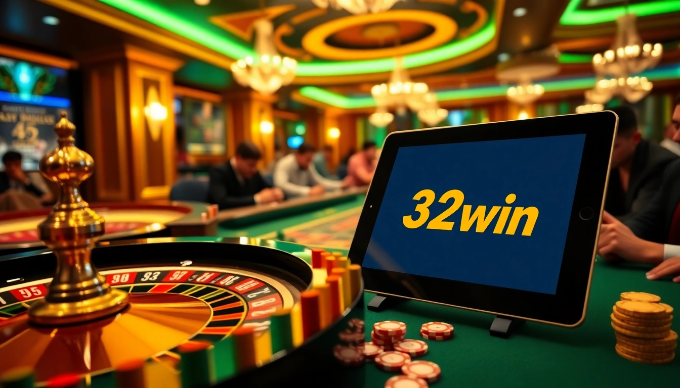 Experience thrilling gameplay with 32win, highlighting intense casino action with poker chips and a roulette wheel.