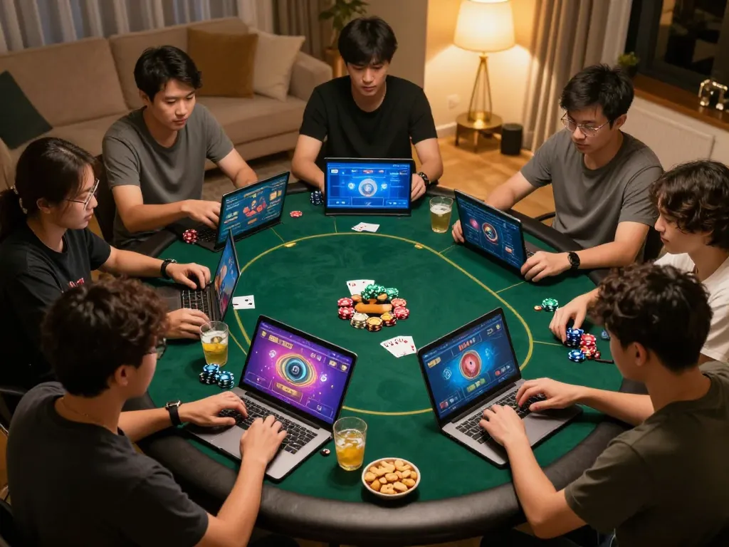Fly88 players enjoying an engaging online poker game in cozy home with warm ambiance.