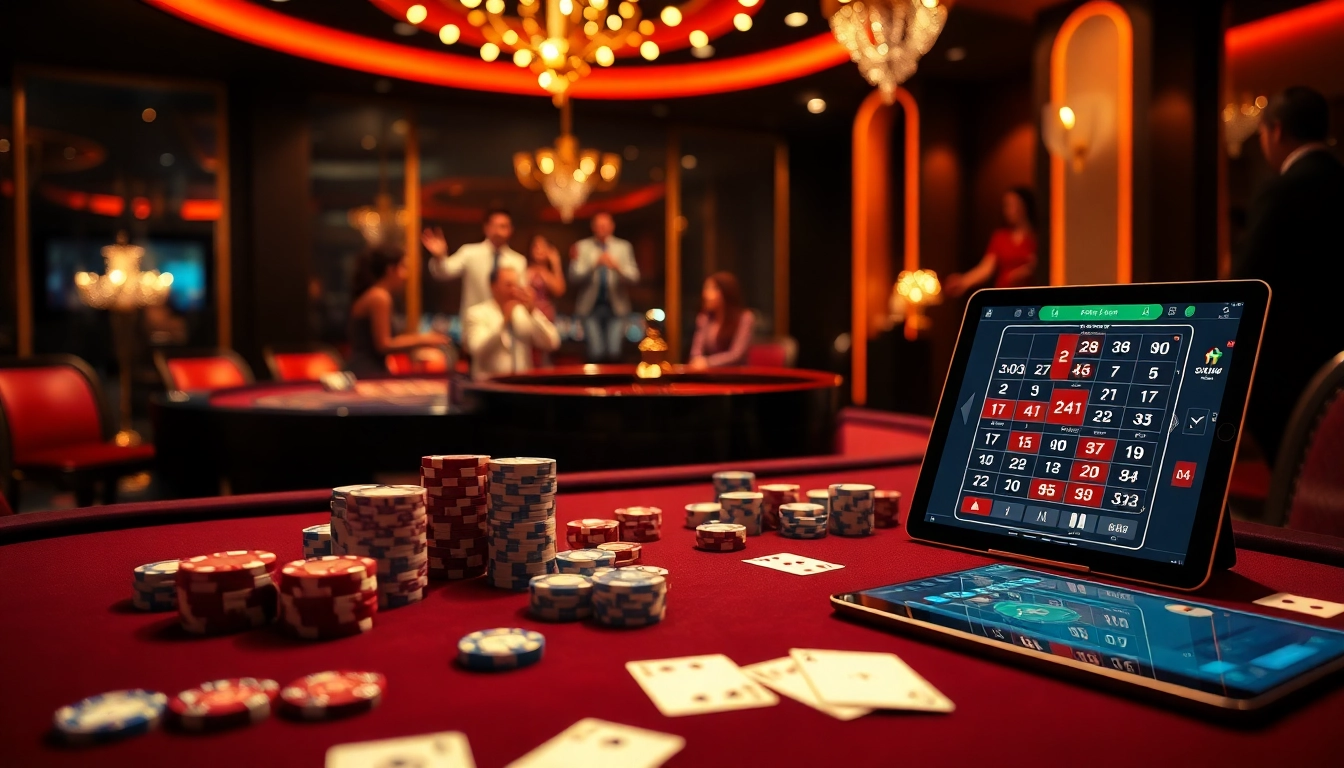 Engaging casino scene featuring MMOO gaming table with poker chips and roulette wheel.