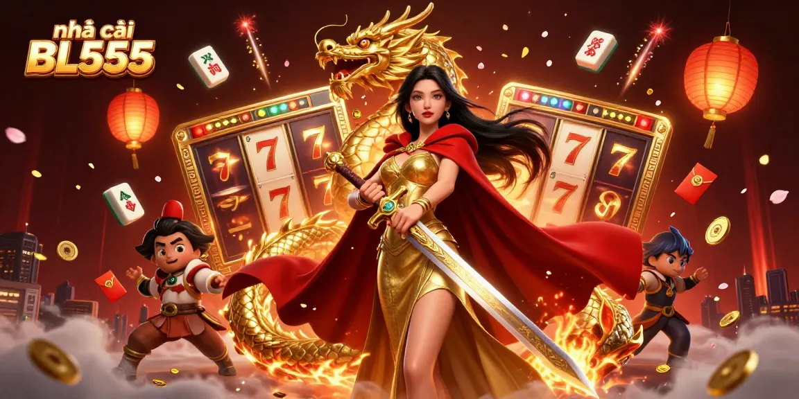 Immerse in the world of nhà cái BL555 with dynamic 3D casino features, golden dragons, and slot reels.