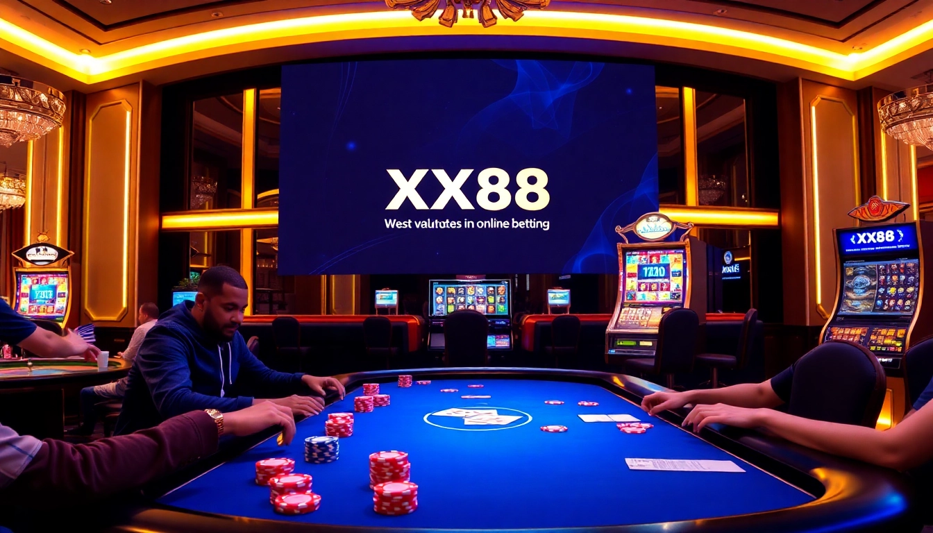 Players enjoying poker at the XX88 casino, showcasing vibrant chips and excitement.
